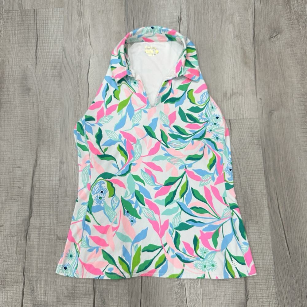 Lilly Pulitzer Luxletic Halter Tank Top Womens Large Floral Sleeveless V-Neck
